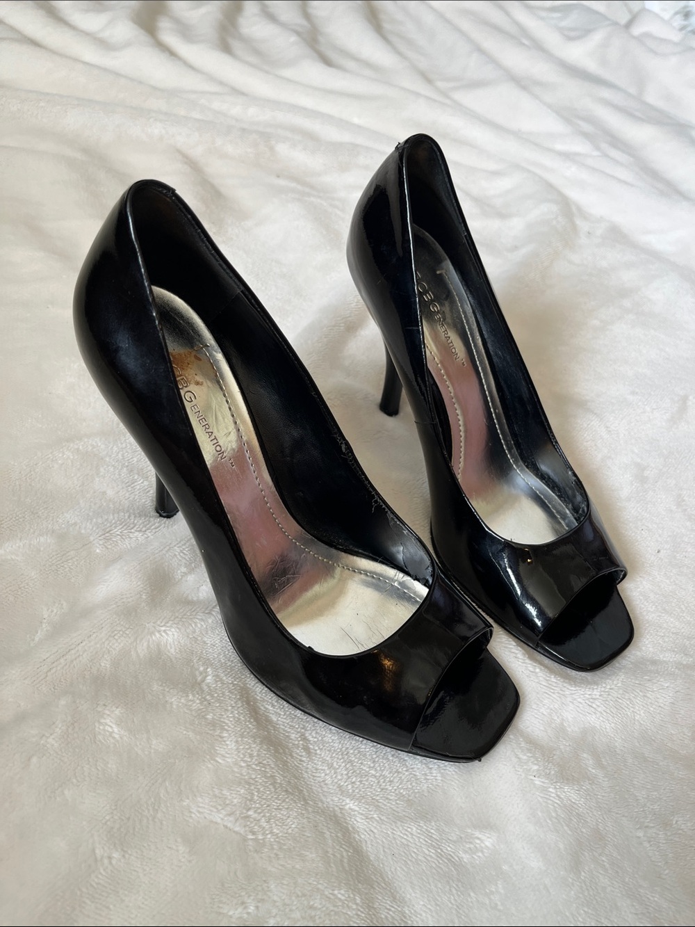 BCBGeneration Black Patent Peep-Toe High Heels